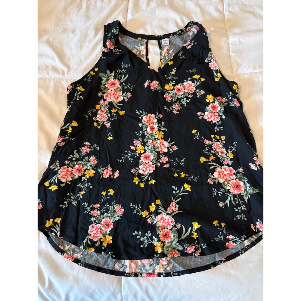 Old Navy Black Floral Sleeveless V-Neck Keyhole Back Blouse Large